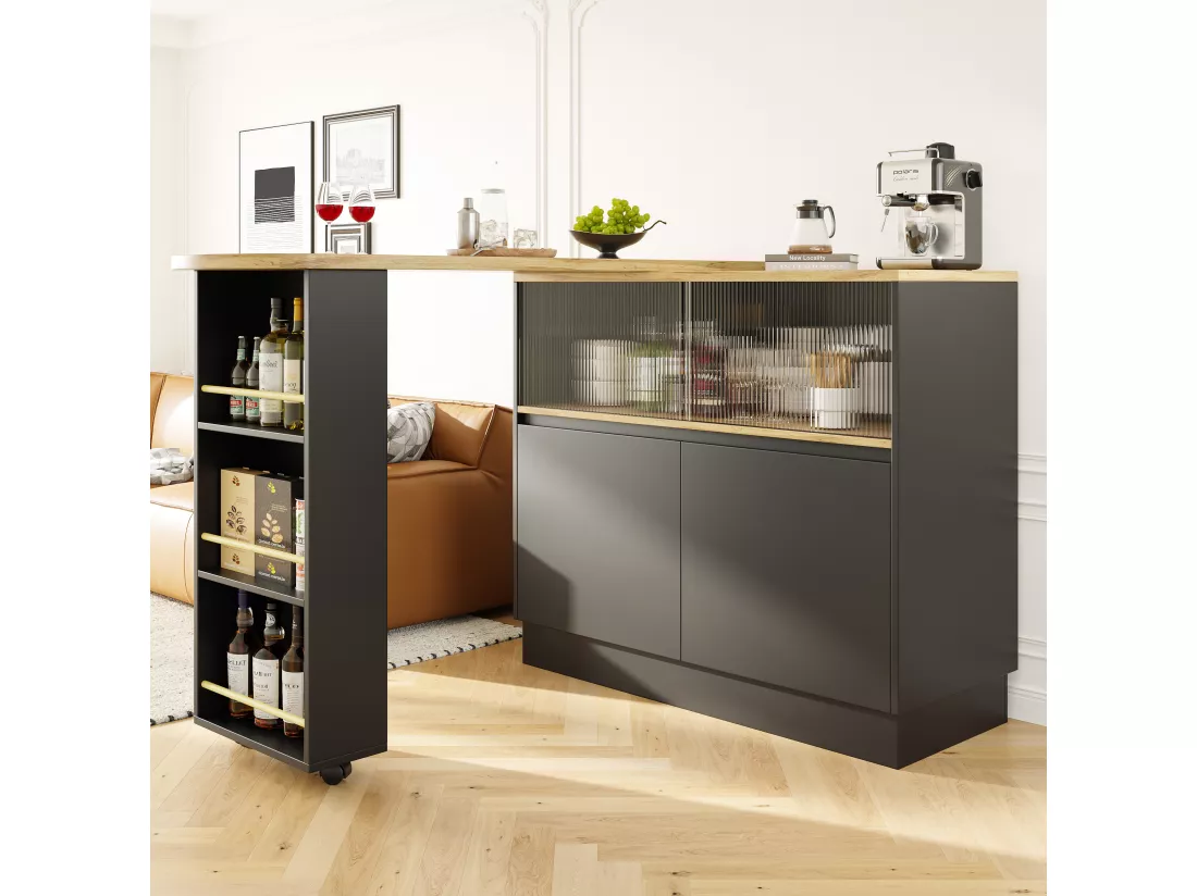 Meuble de bar pivotant - 4 portes et étagères de rangement - Bois MDF et verre - Noir + naturel
