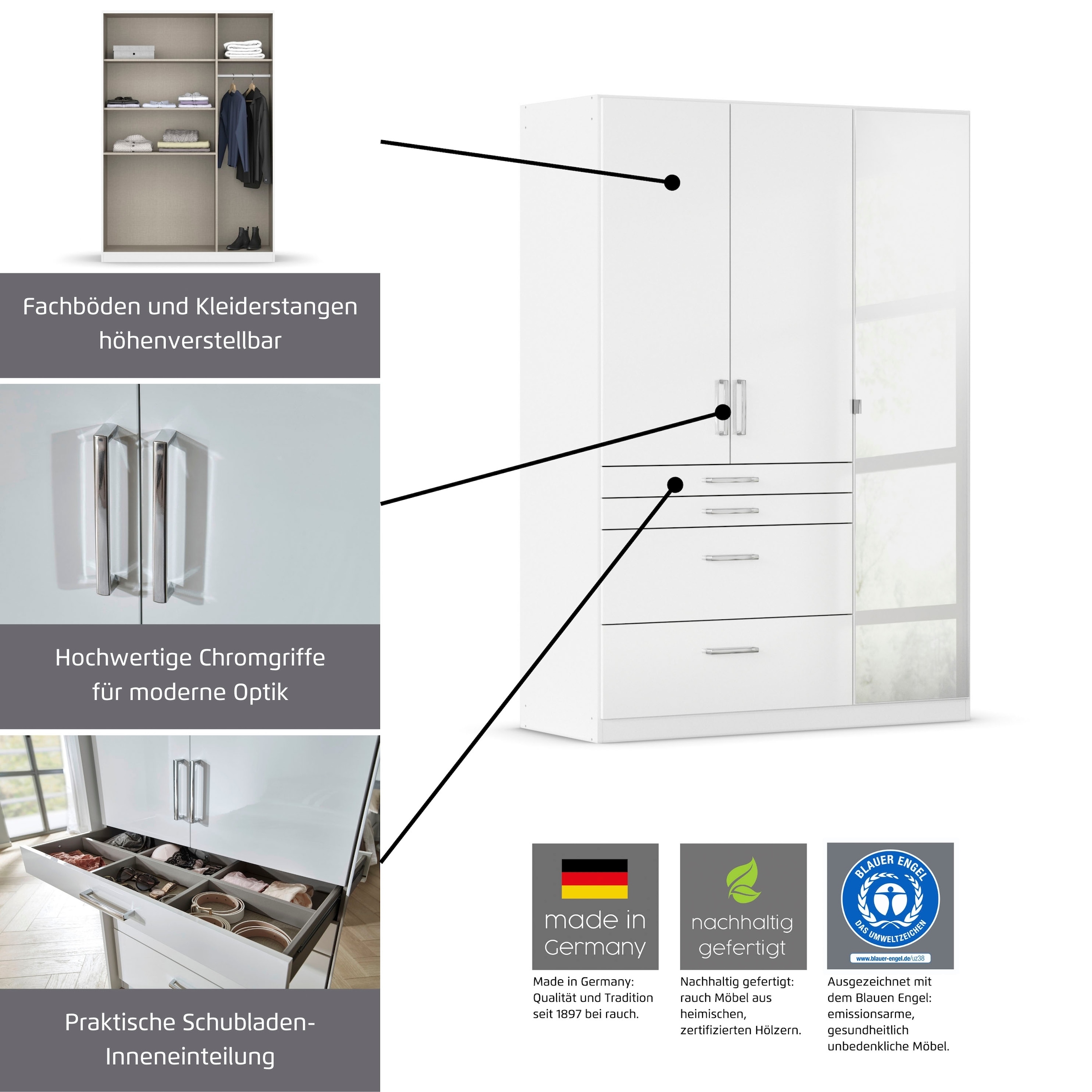 rauch Drehtürenschrank »Kleiderschrank Schrank Garderobe Garderobenschrank Topseller HOMBURG« mit viel Stauraum, oberer Schubkasten mit Einteilung MADE IN GERMANY