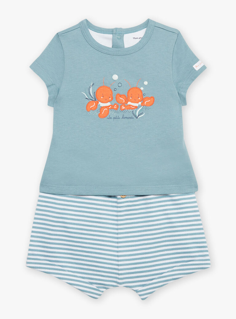 Body, short et bavoir bleus à imprimé à rayures et à motif homards