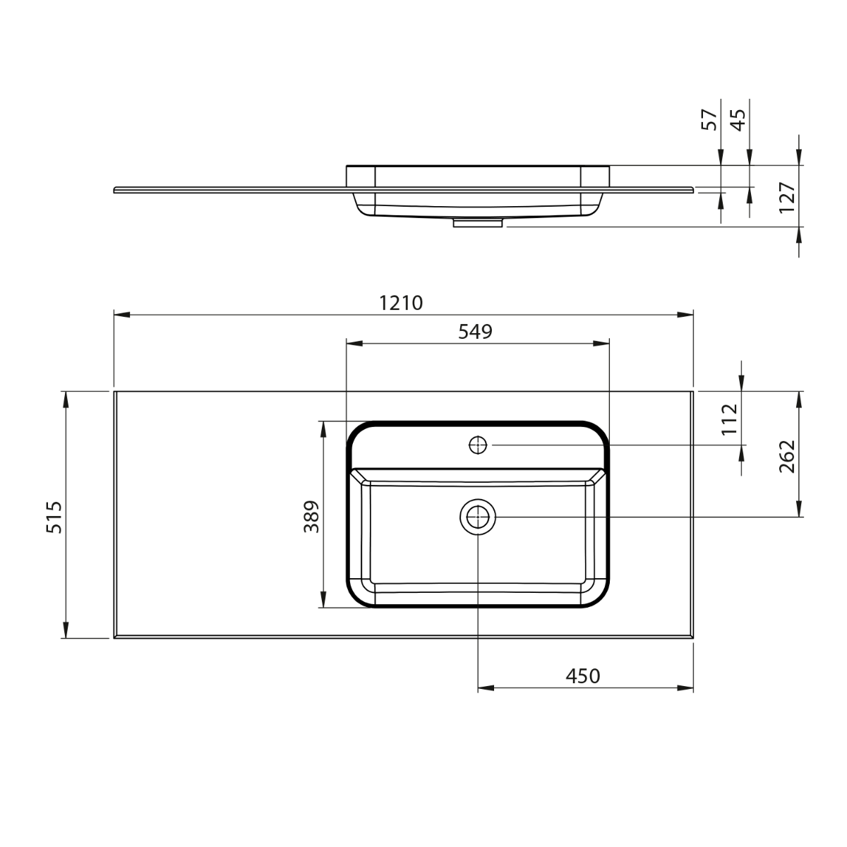 Sapho Brahea wastafel 120x50cm solid surface wit mat met brede rand en kraangat rechts