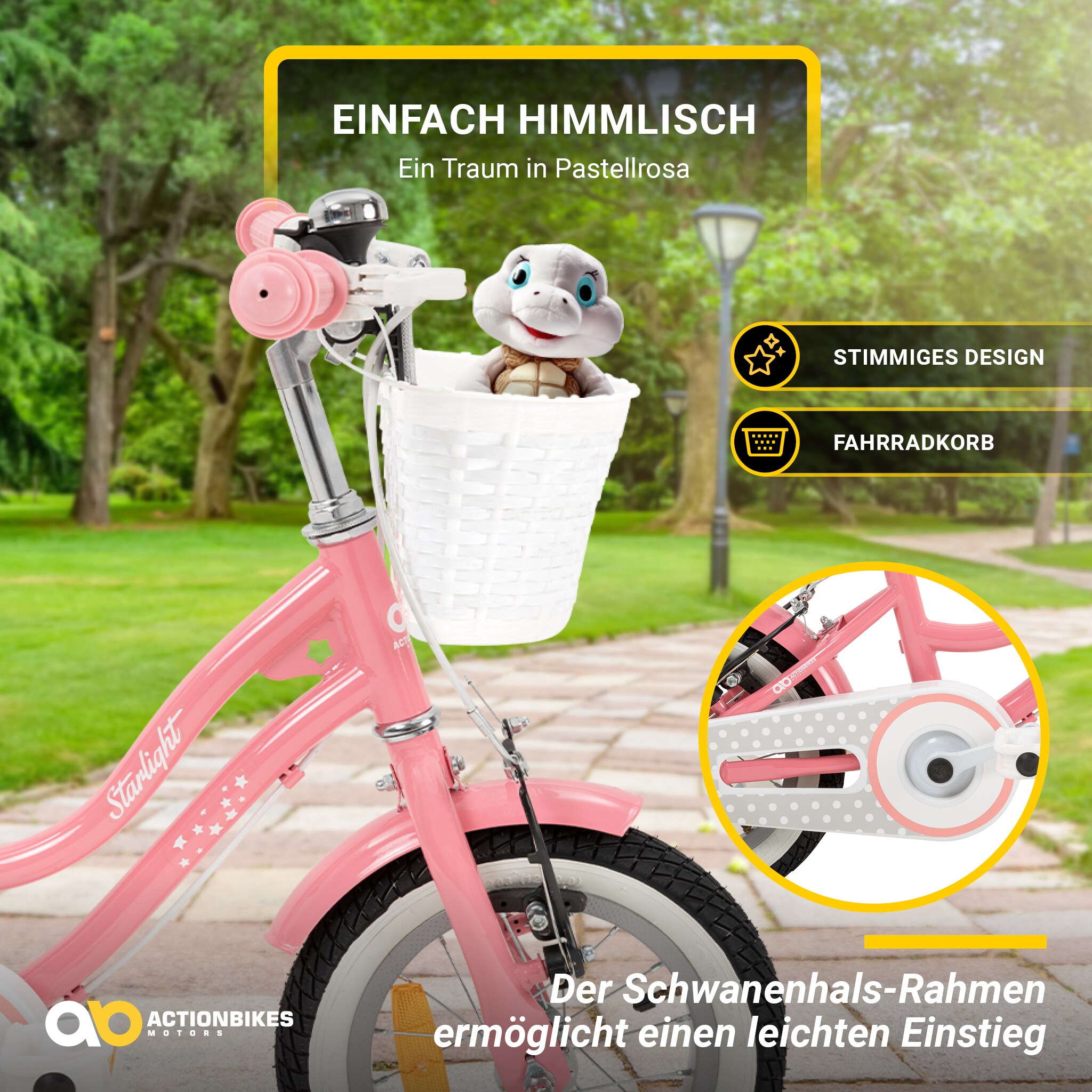 Actionbikes Kinderfahrrad Starlight 12 Zoll, Rosa, Stützräder, Fahrradkorb, Klingel, Kettenschutz (Classic)