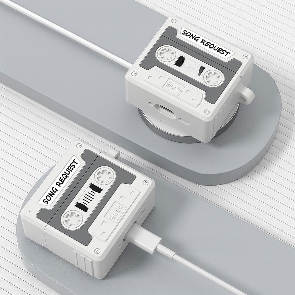 AirPods 4 Silikon Schutzhülle Abdeckung mit Handschlaufe Retro Kassette - Grau