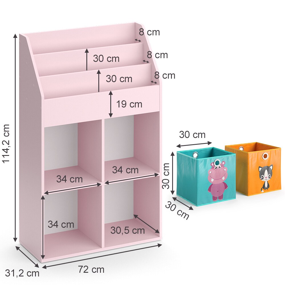Vicco Kinderbücherregal Luigi 72 x 114 cm, Rosa, Kinderzimmerregal, offene Fächer, groß, Faltboxen
