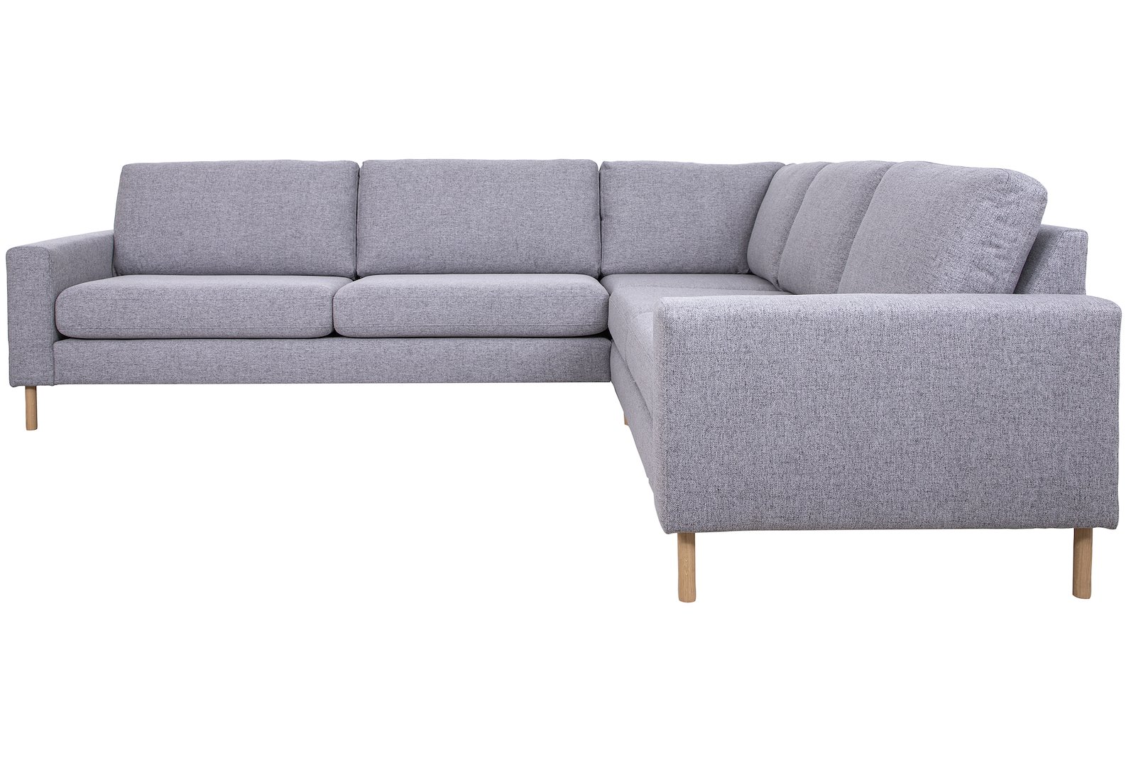 Pixel hjørnesofa Vendbar hjørnesofa. I tekstil Neve 85 lys grå, høy front, hvitoljet eik W31 ben og Arm A15. Komfort 1.
