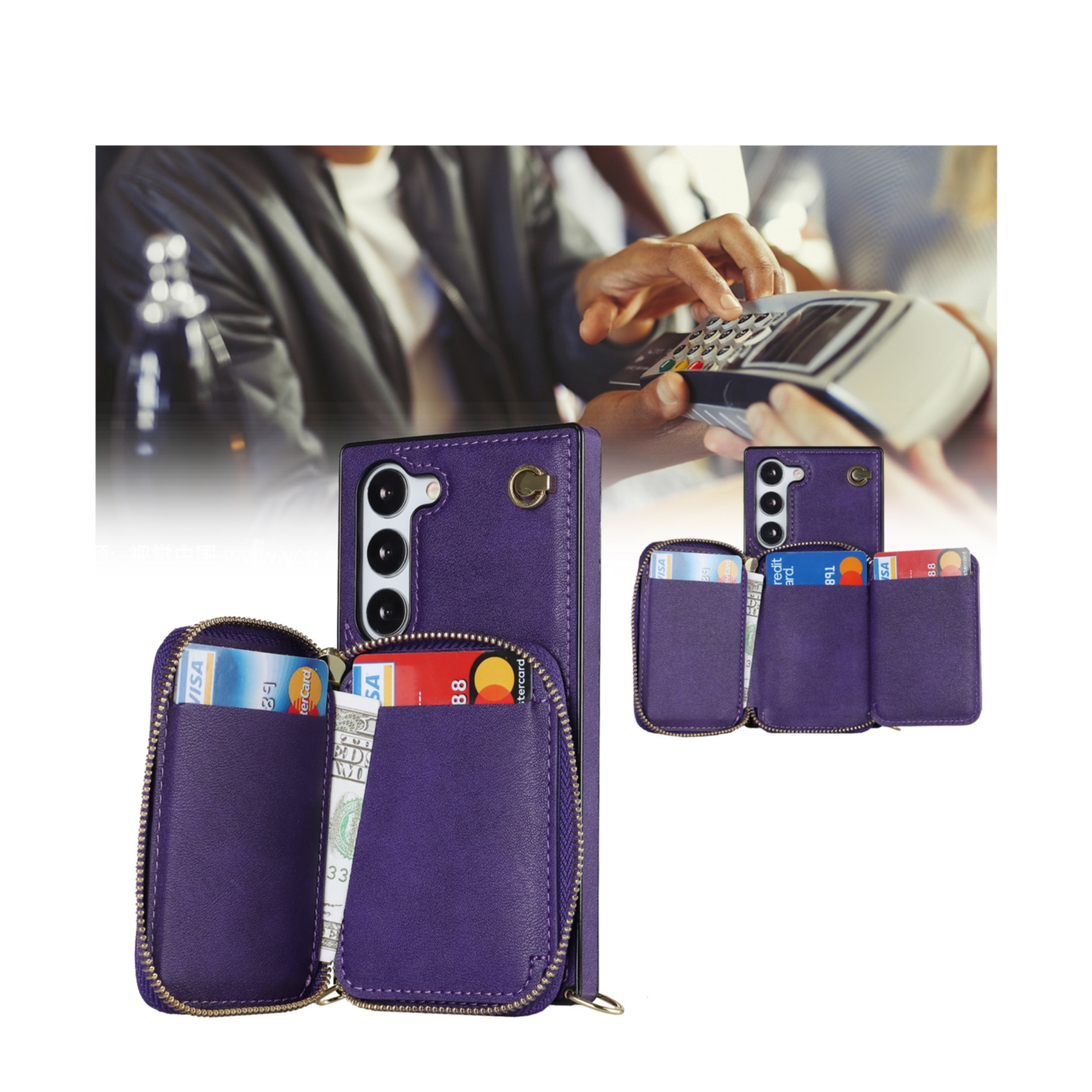 Samsung Galaxy S23 5G Necklace Leder Schutz Hülle mit Kartenfächer   Handykette (140cm) - Violett