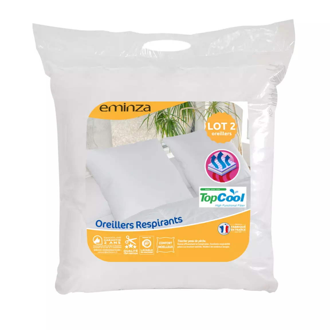 Lot de 2 oreillers carrés moelleux (60 x 60 cm) Respirants Blanc
