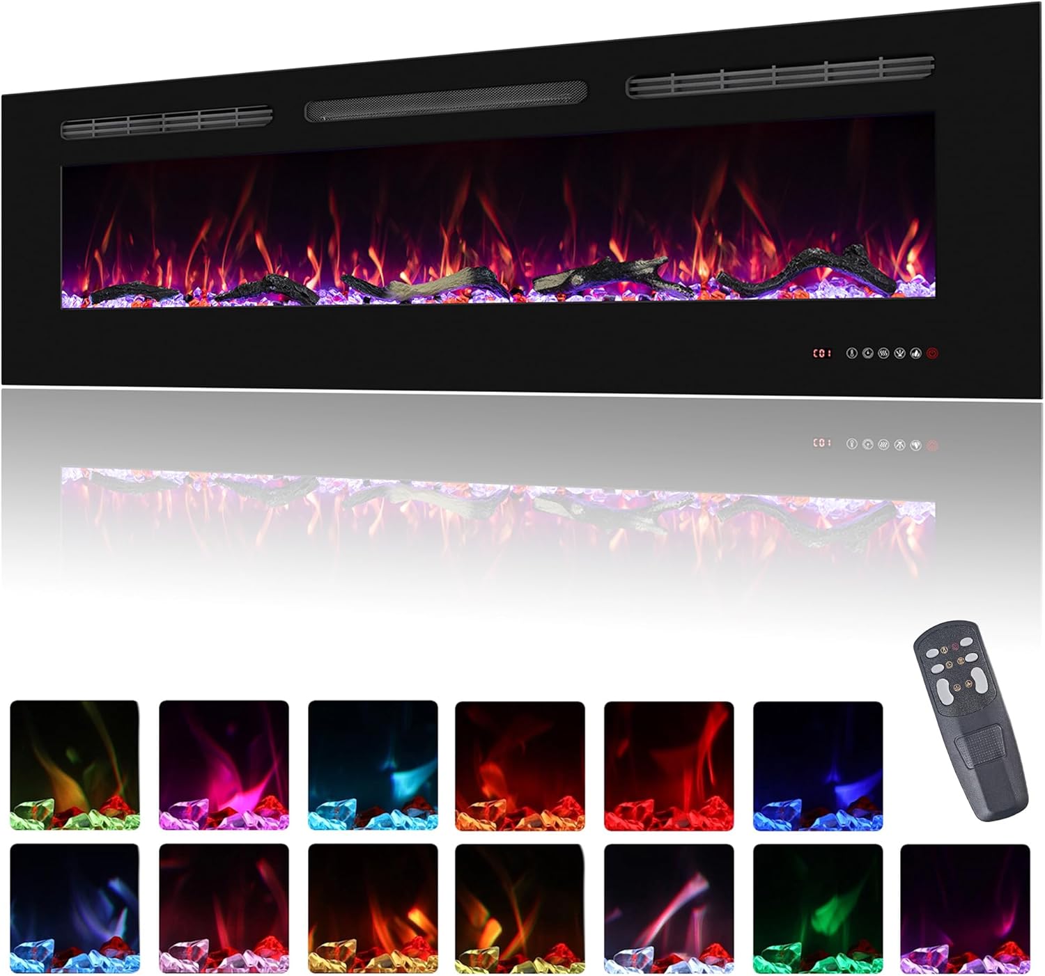 Elektrokamin Wandmontage, 13 Farbmodi LED flammeneffekt, 152 cm Kamin Heizung Glas-Touchscreen und Fernbedienung,1500W(60