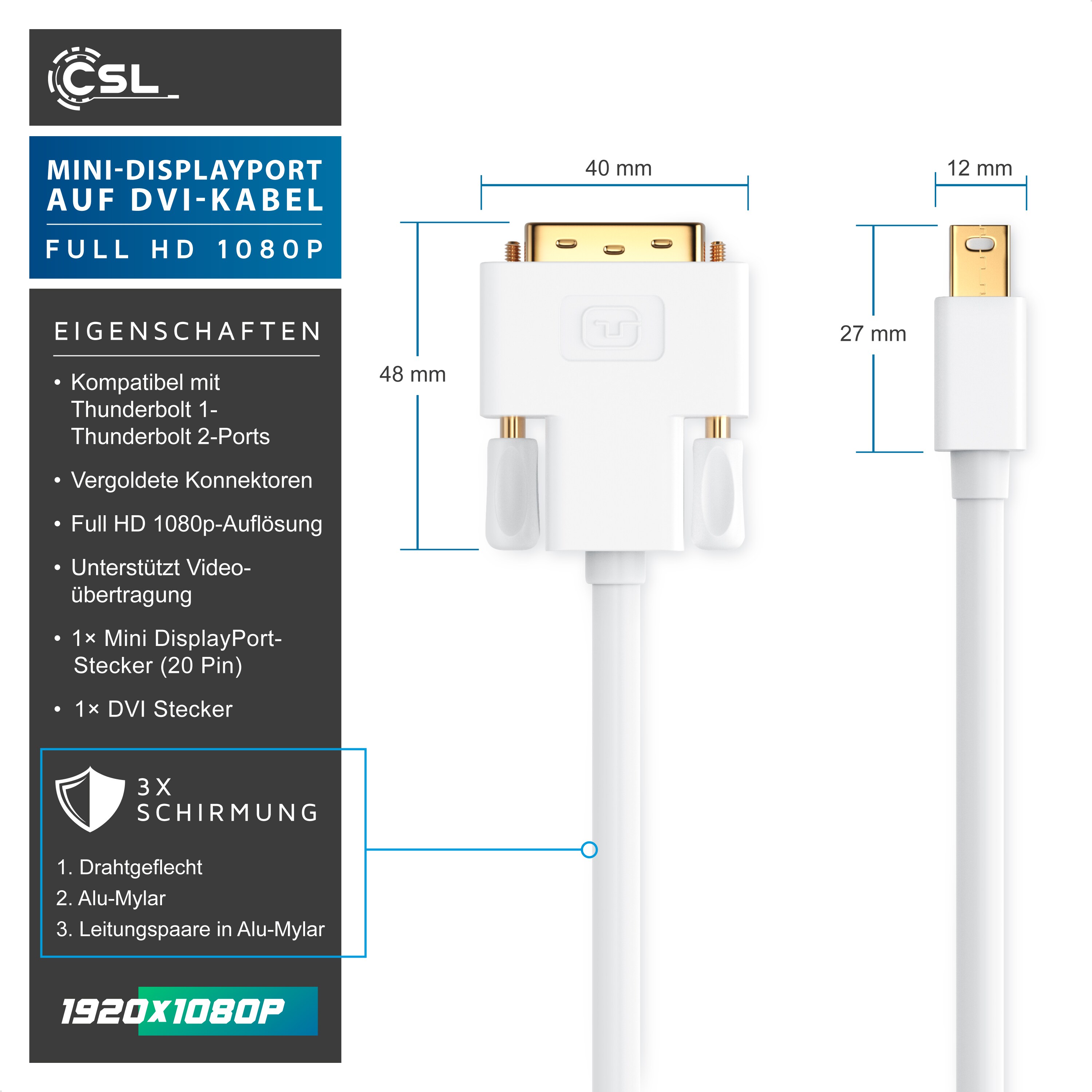 CSL Mini DisplayPort zu DVI Video-Kabel, miniDP Monitor Adapter Kabel, für Apple, PC's & Notebooks - 5m