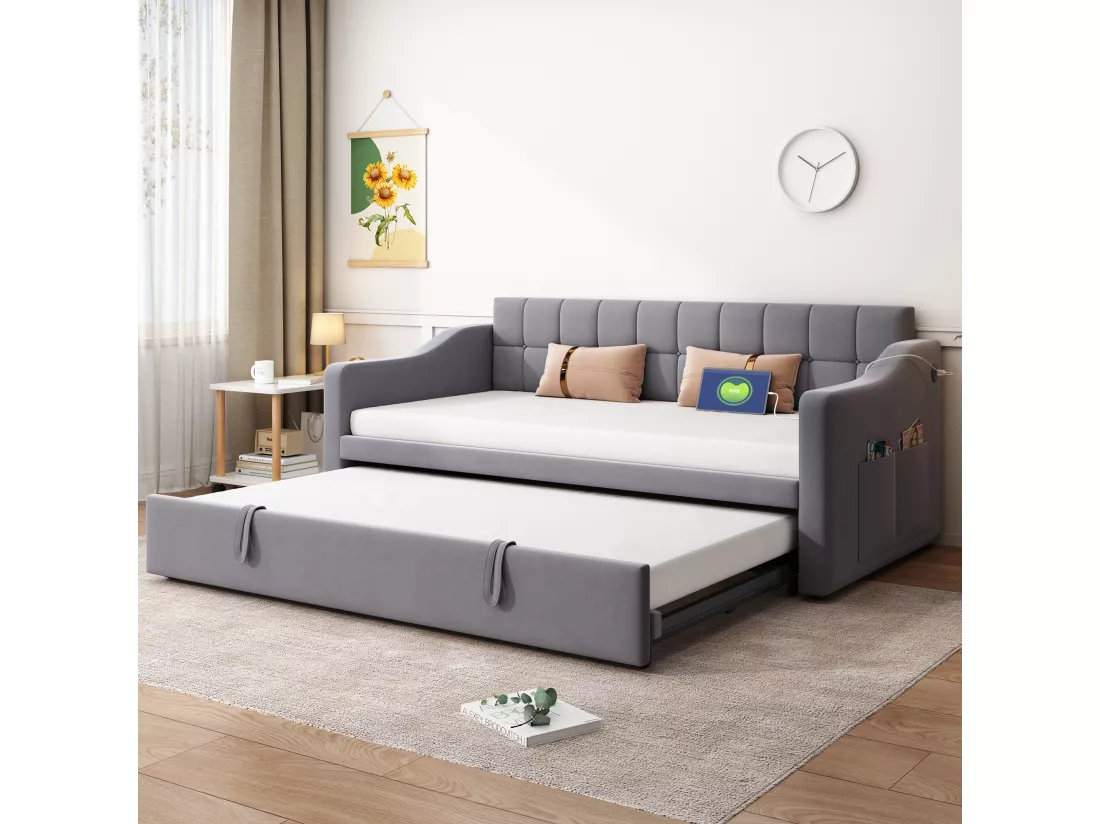 Canapé-lit capitonné 90/180x190 cm - Velours - Avec sommier - Avec housse de rangement - Gris (sans matelas)