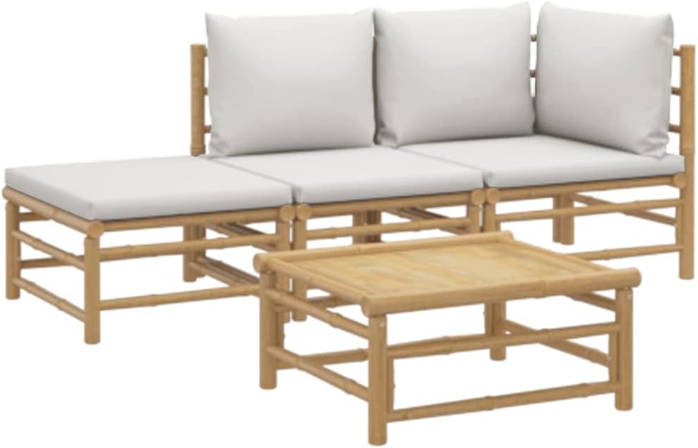 vidaXL Garten Lounge Set 4-TLG., Gartenmöbel Set mit Hellgrauen Kissen, Sitzgruppe für Garten Terrasse, Modular Sofa Garnitur Loungemöbel, Bambus