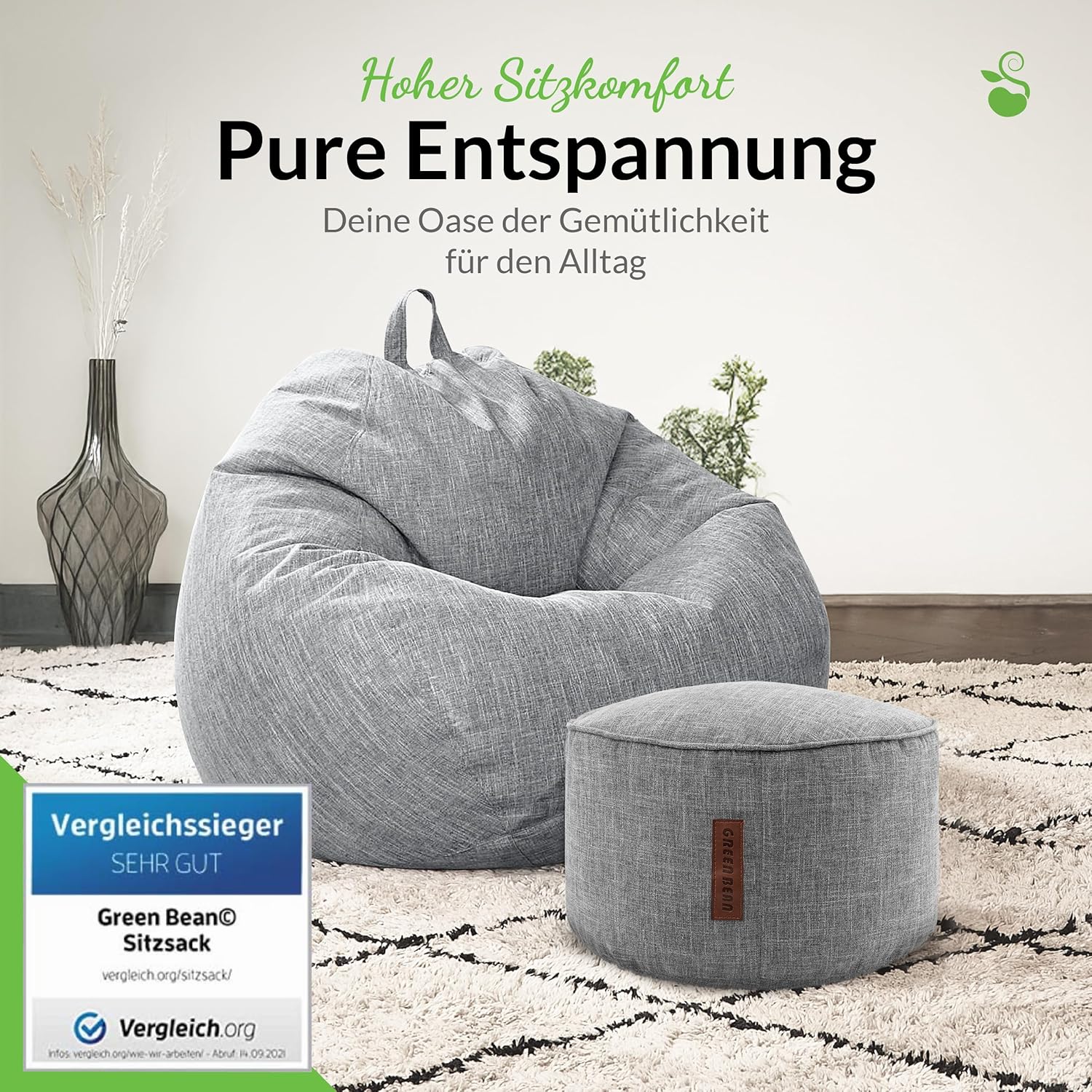Green Bean Indoor XXL Sitzsack Home Linen + Hocker mit EPS-Perlen Füllung - Sitz-Pouf Bodenkissen Liegekissen Sitzkissen Lounge Chair Sitzhocker Relax-Sessel Bean Bag Silber Grau