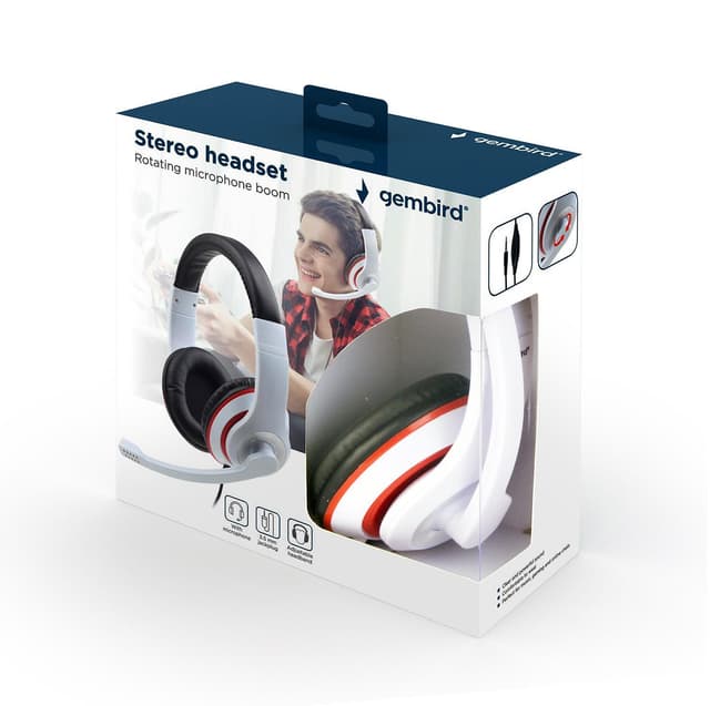 Gembird Stereo Headset MHS 03 WTRDBK Hvid og sort farve med rød ring, headset