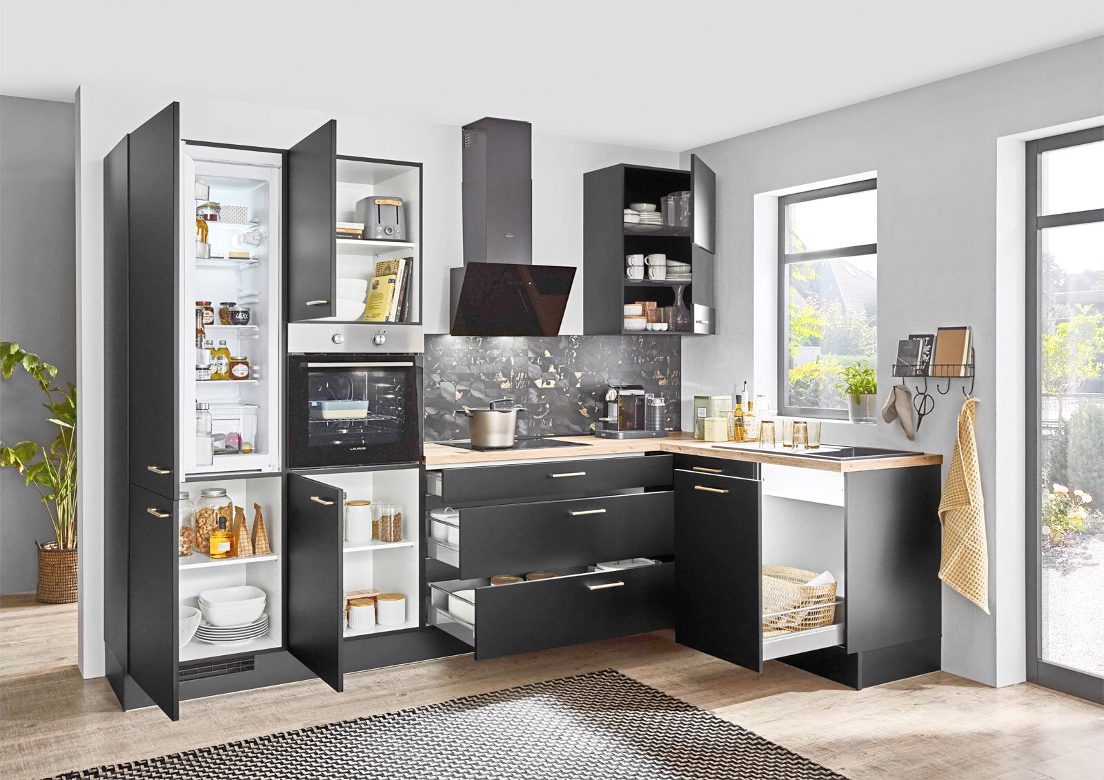 Winkelküche Touch links Lacklaminat Schwarz supermatt ca.305x175cm