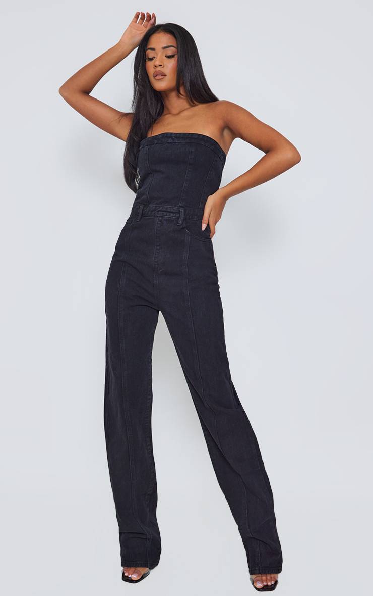 Noir Combinaison Tall En Denim À Jambe Droite Et Bustier Bandeau