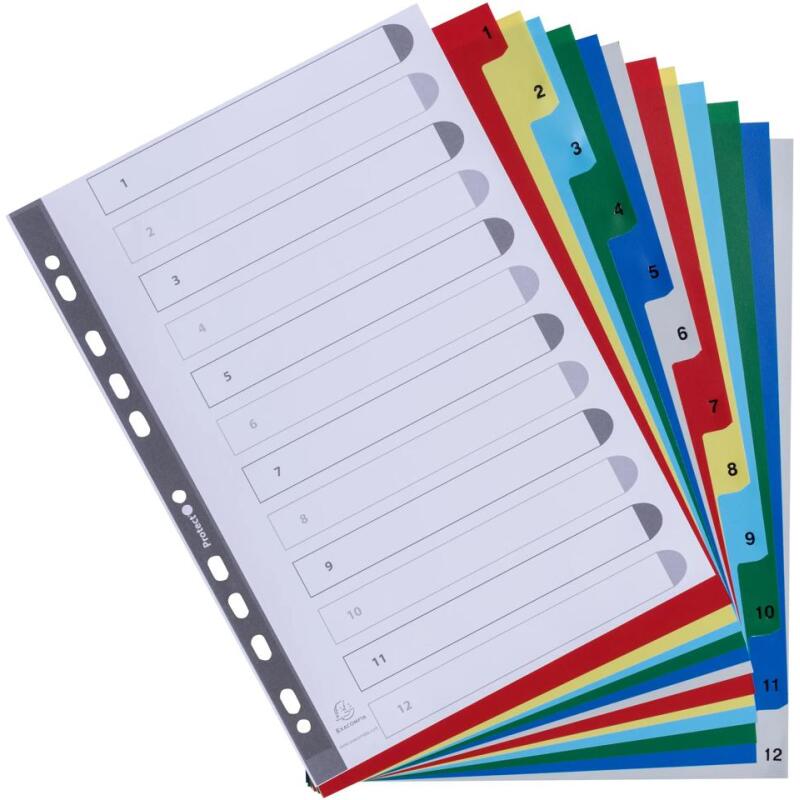 Intercalaires imprimés numériques polypropylène 12/100e - 12 positions - A4 - Assorties vives