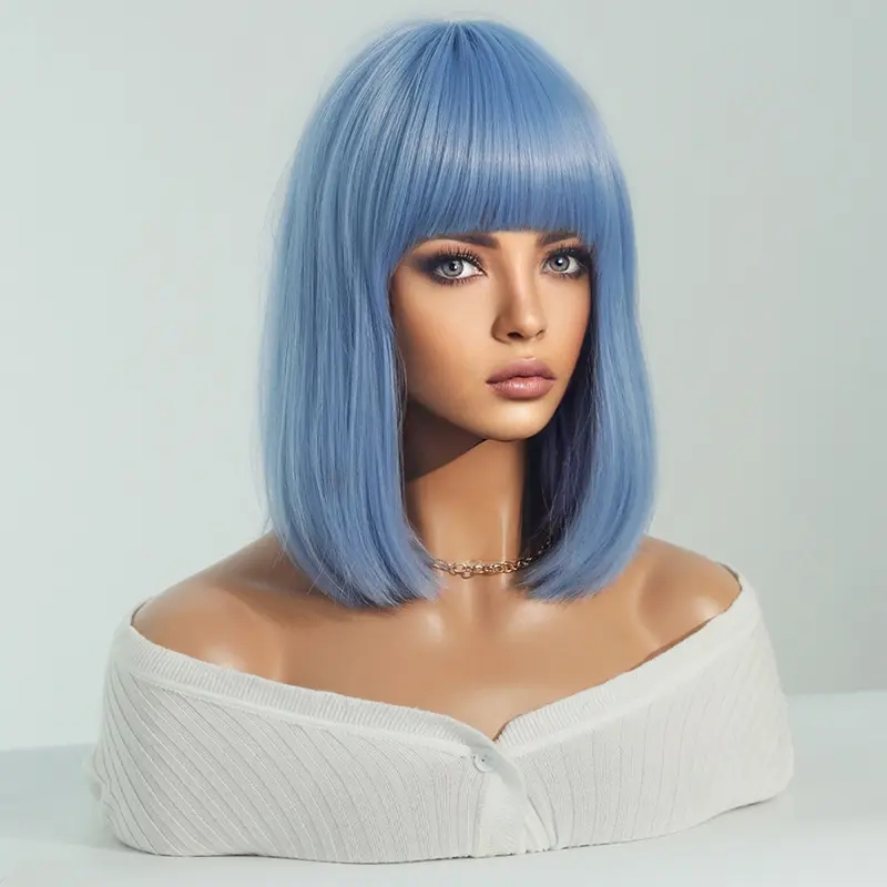 (36cm) Long Bob Perücke mit Pony Fasnacht Kostüm Zubehör Motto Party / Halloween Accessoire inkl. Haarnetz - Blau