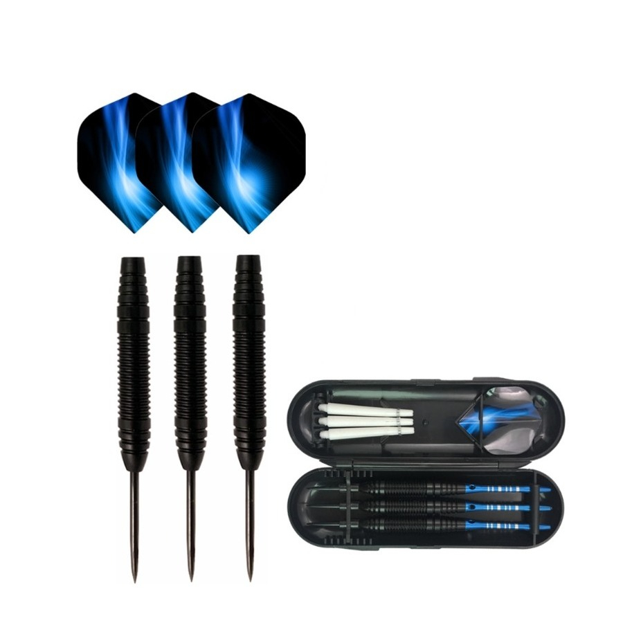 (3er Set) Profi Steeldart Pfeile Wurf Flights Dart Spitzen Kit inkl. Aufbewahrungs Box - Schwarz / Blau