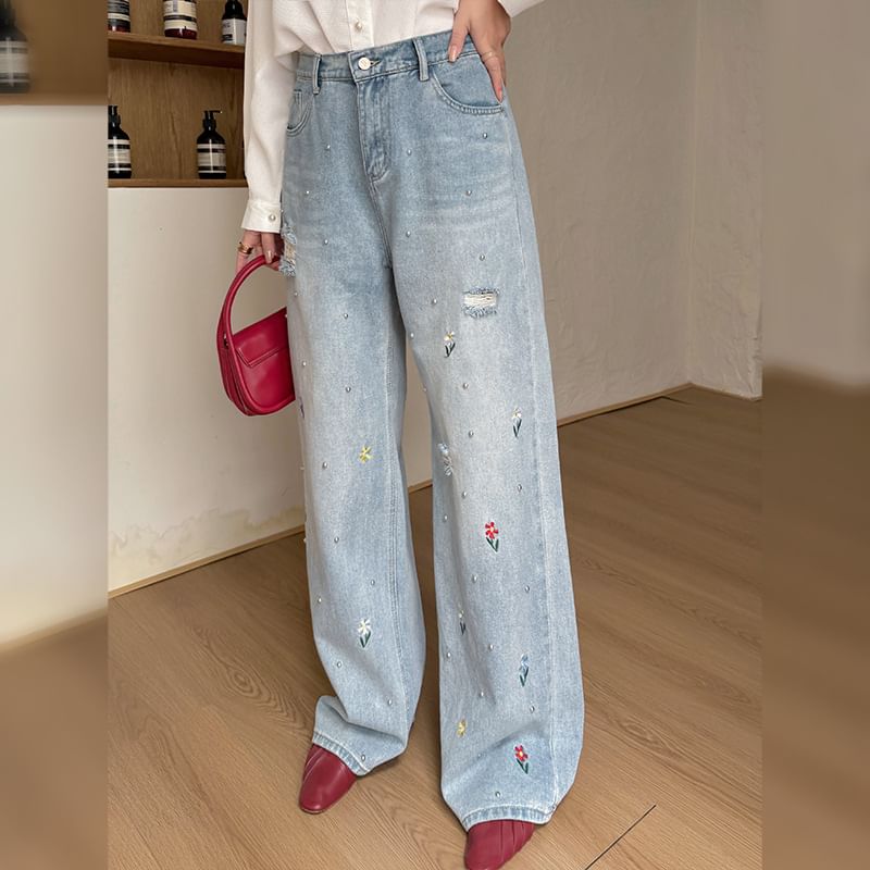 Ashteroid - Hoge taille, bloemenborduursel, gewassen gescheurde wijde pijpen jeans