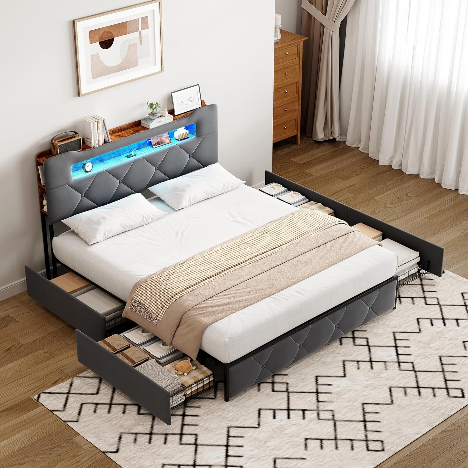 Bettkasten, 140 x 200 cm, Aufbewahrung mit 4 Schubladen, für Doppelbett, Erwachsene, Polsterbett mit Lattenrost, Kopfteil mit LED-Beleuchtung & USB (ohne Matratze) (Grau, 140 x 200 cm)