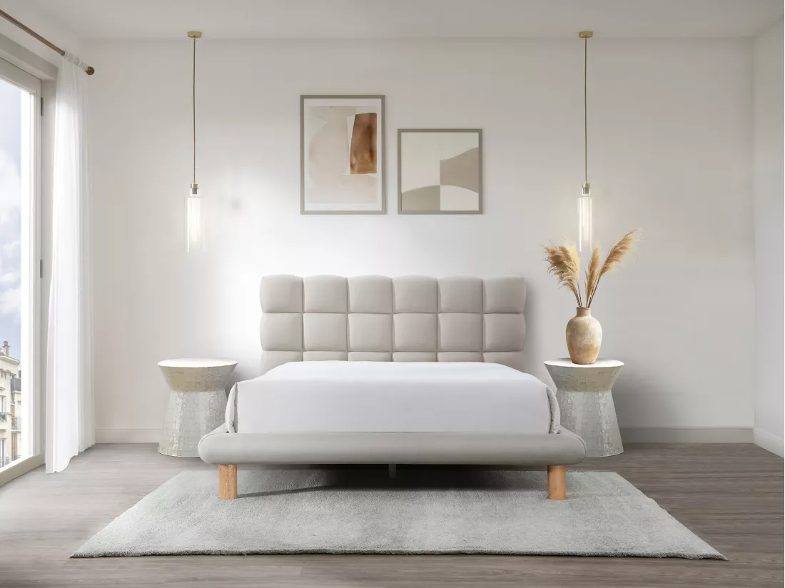 Lit avec tête de lit matelassée 160 x 200 cm - Tissu - Beige - FUDALI