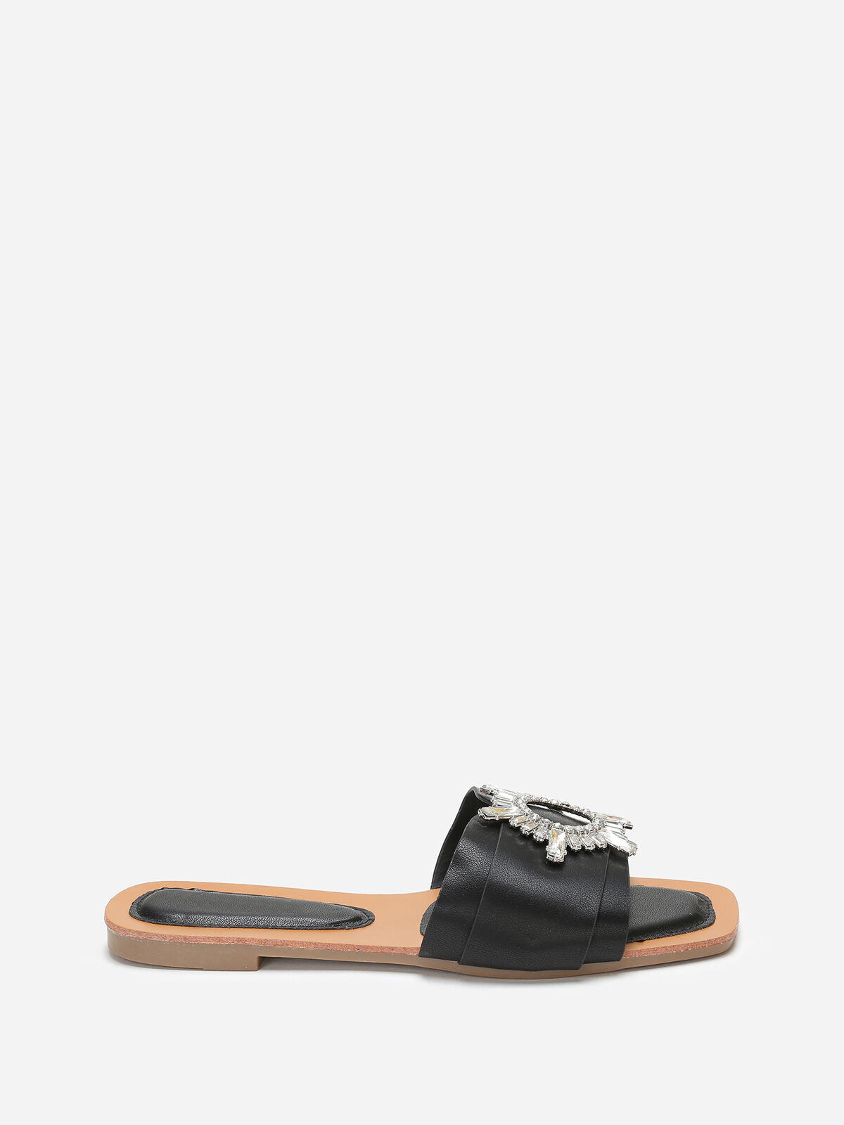 Mules carrées à bride avec bijou en strass- Noir