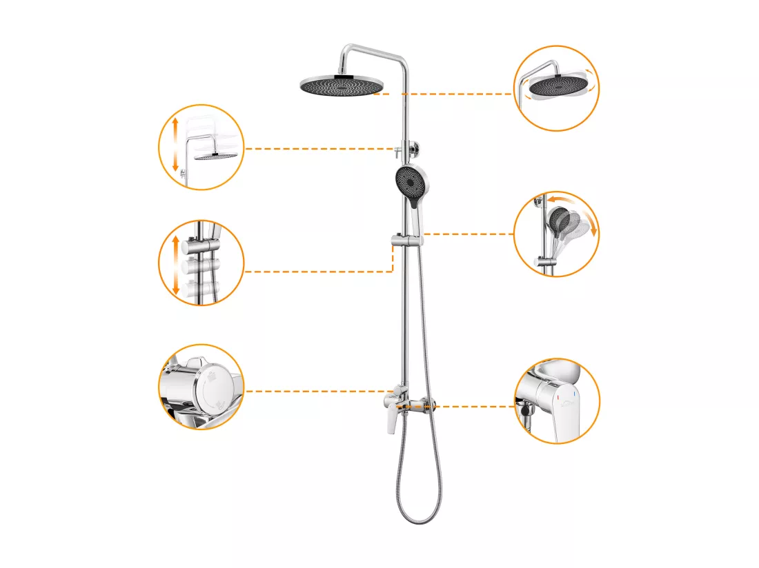Colonne Douche Chromé,avec Mitigeur,Ensemble de Douche Réglable en Hauteur 103-139 cm, Mitigeur Douche avec Douche de tête et Douchette 3 Jets