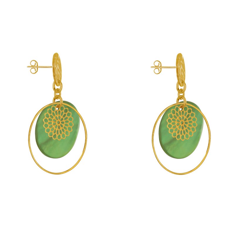 Boucles d'Oreilles Clous Métal Doré Cercle et Pastille de Nacre