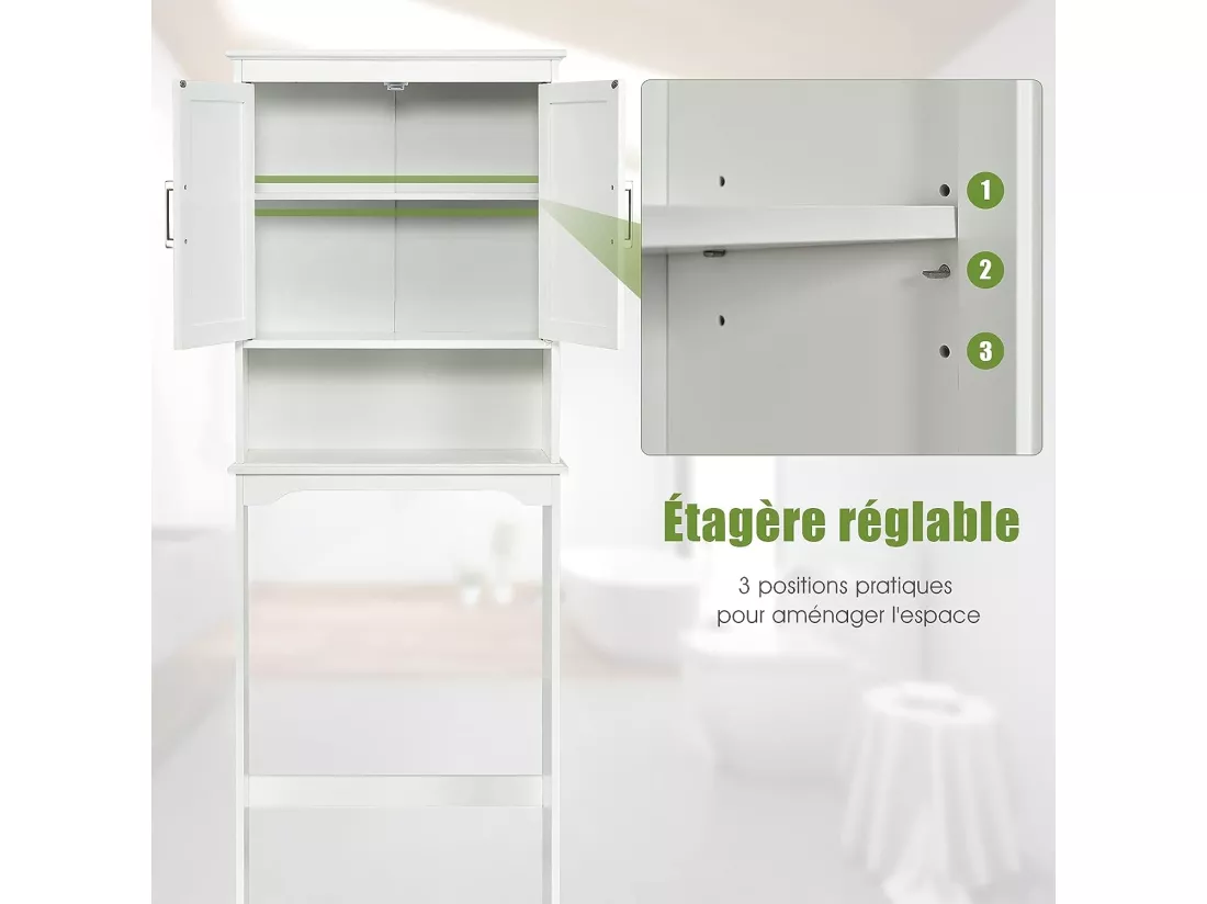 Meuble wc dessus de toilettes avec 3 étagères pour rangement blanc moderne 63 x 23 x 168 cm blanc