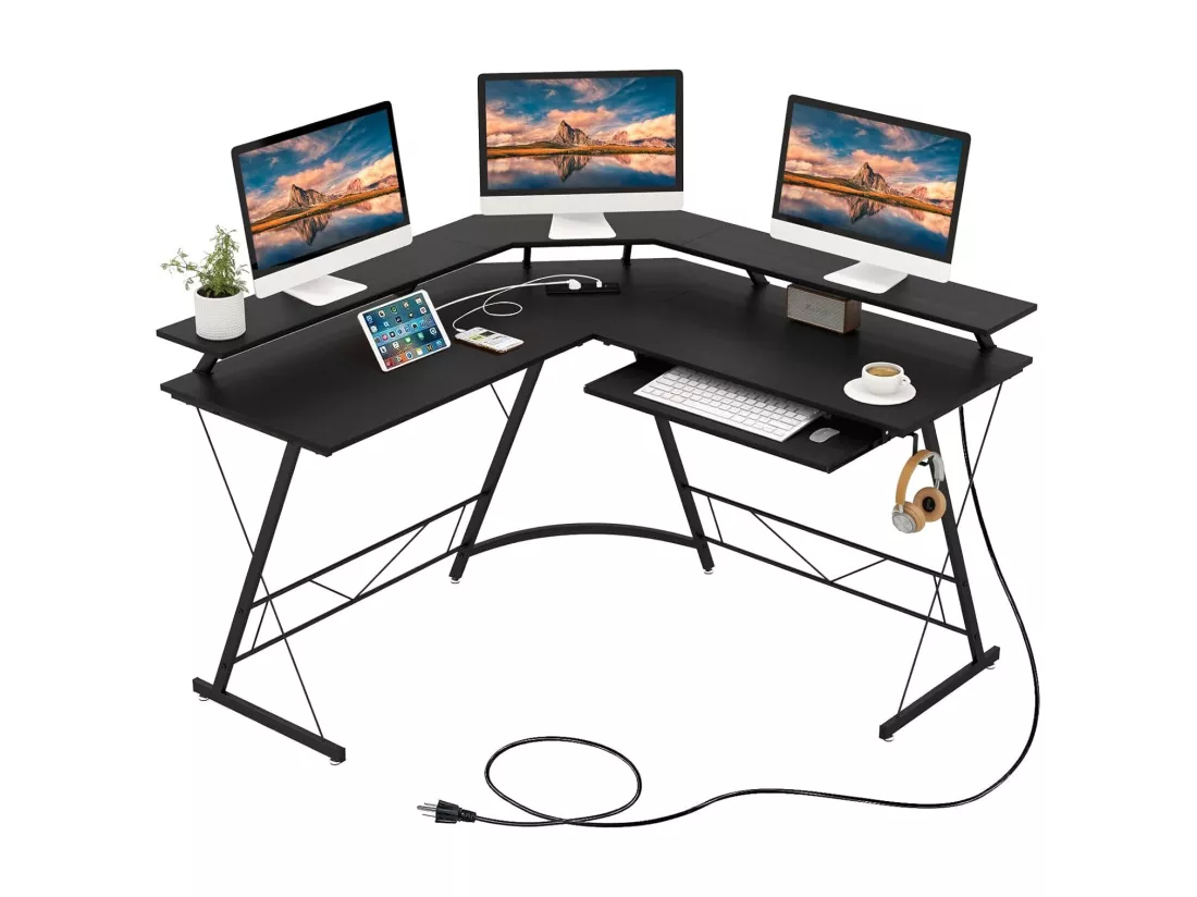 Bureau d'angle 130 x 130 cm, Bureau d'Ordinateur en Forme de L avec Long Support de Moniteur, Plateau à Clavier, Table Informatique avec 2 Prises de Courant & 2 USB (Noir)