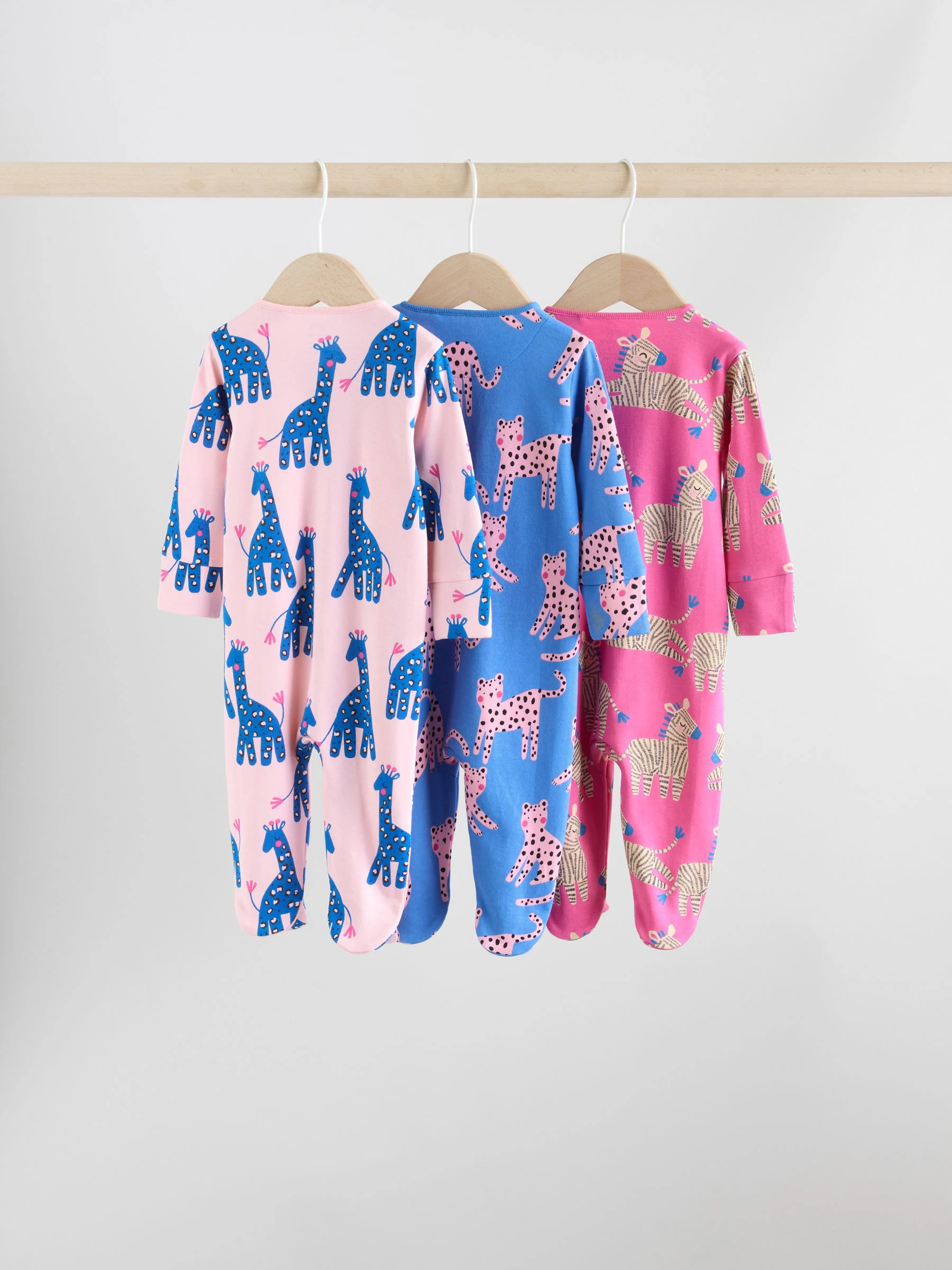 Blauw/roze met karakteristieke dierenprint - 3 Pack Baby-pyjama's met tweewegrits (0mnd -2jr)