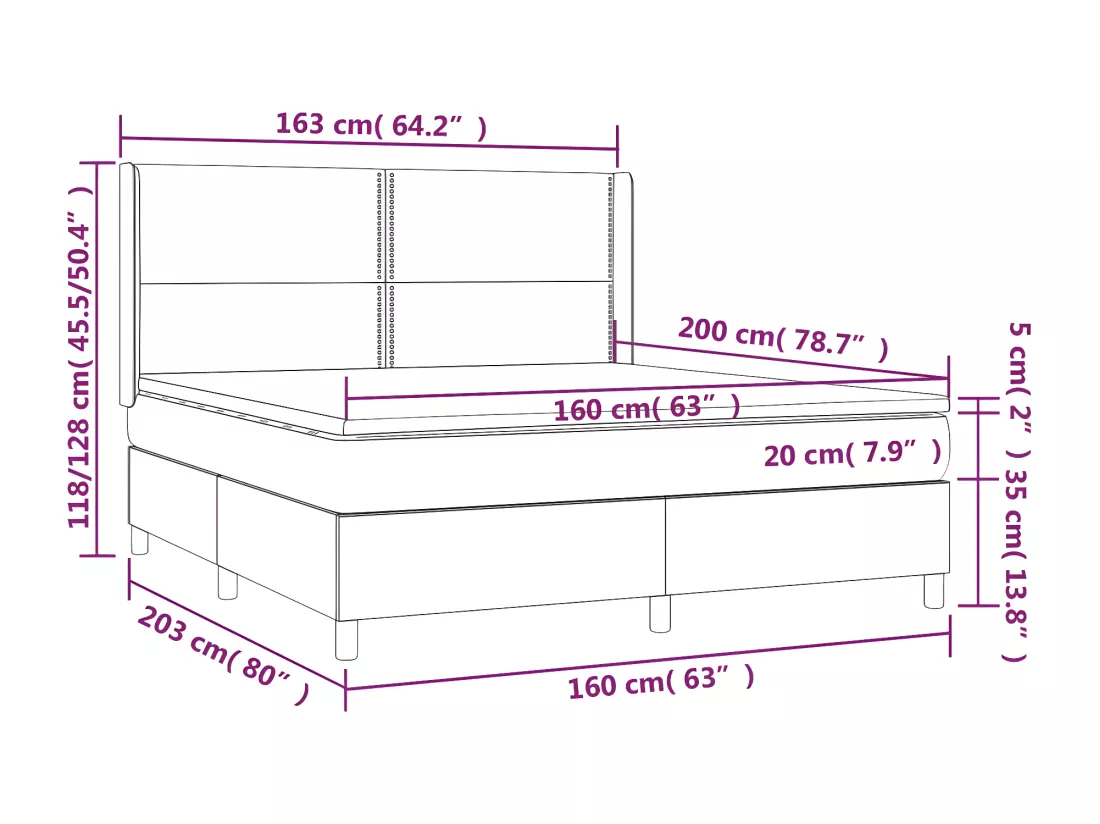 Sommier tapissier matelas et LED Marron foncé 160x200 cm Tissu
