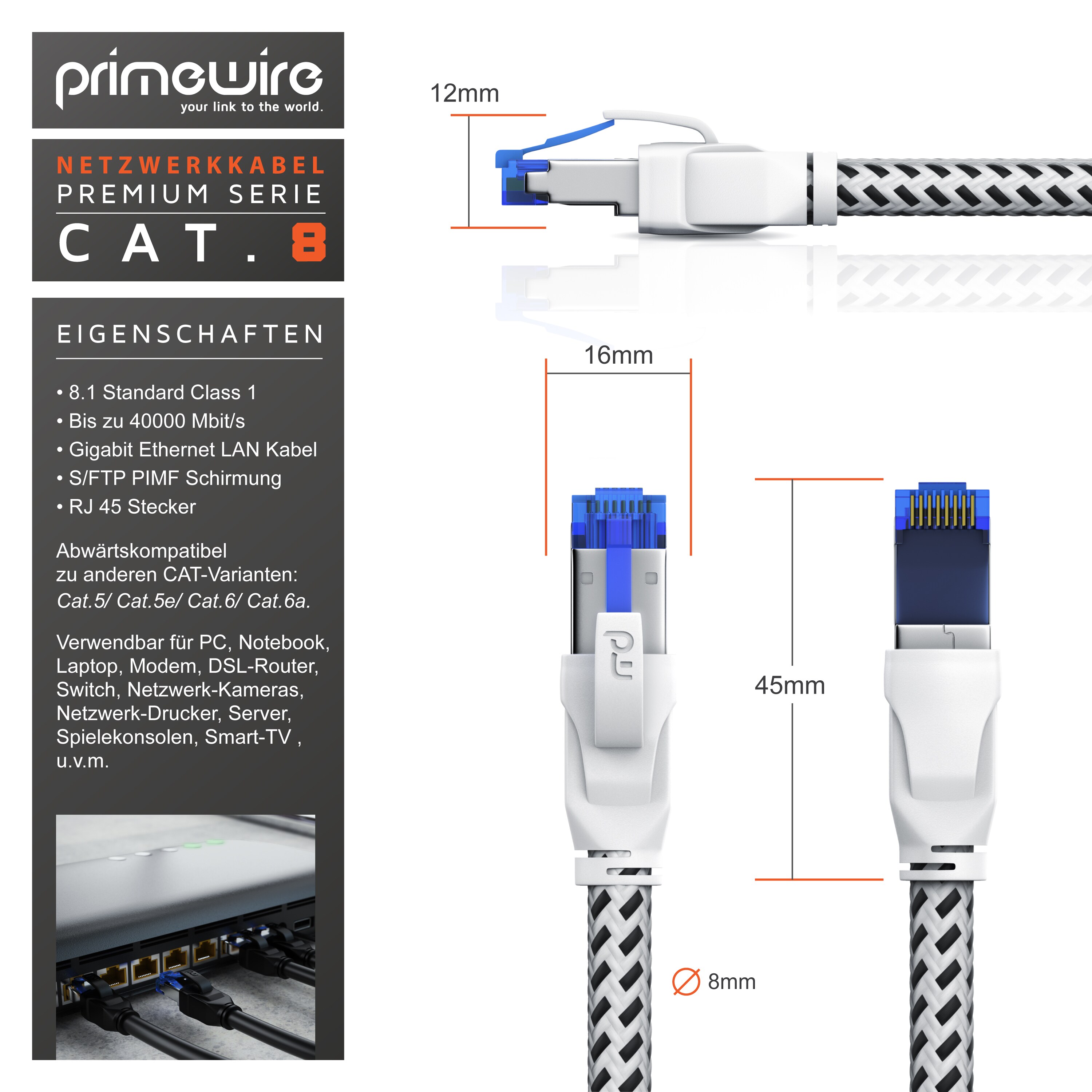 Primewire Patchkabel CAT 8 mit Baumwollummantelung - Gigabit Ethernet LAN Kabel - 40 Gbit/s - S/FTP PIMF Schirmung - Netzwerkkabel - 20m