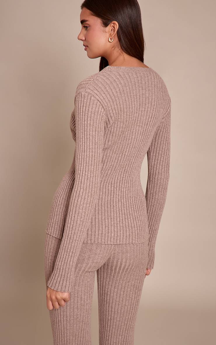 Taupe Cardigan Côtelé À Manches Longues Boutonné Sur Le Devant