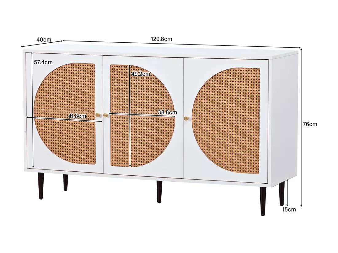 Buffet effet bois noyer avec 3 portes en rotin poignées pieds dorés 129,8x40x76cm OMOILL
