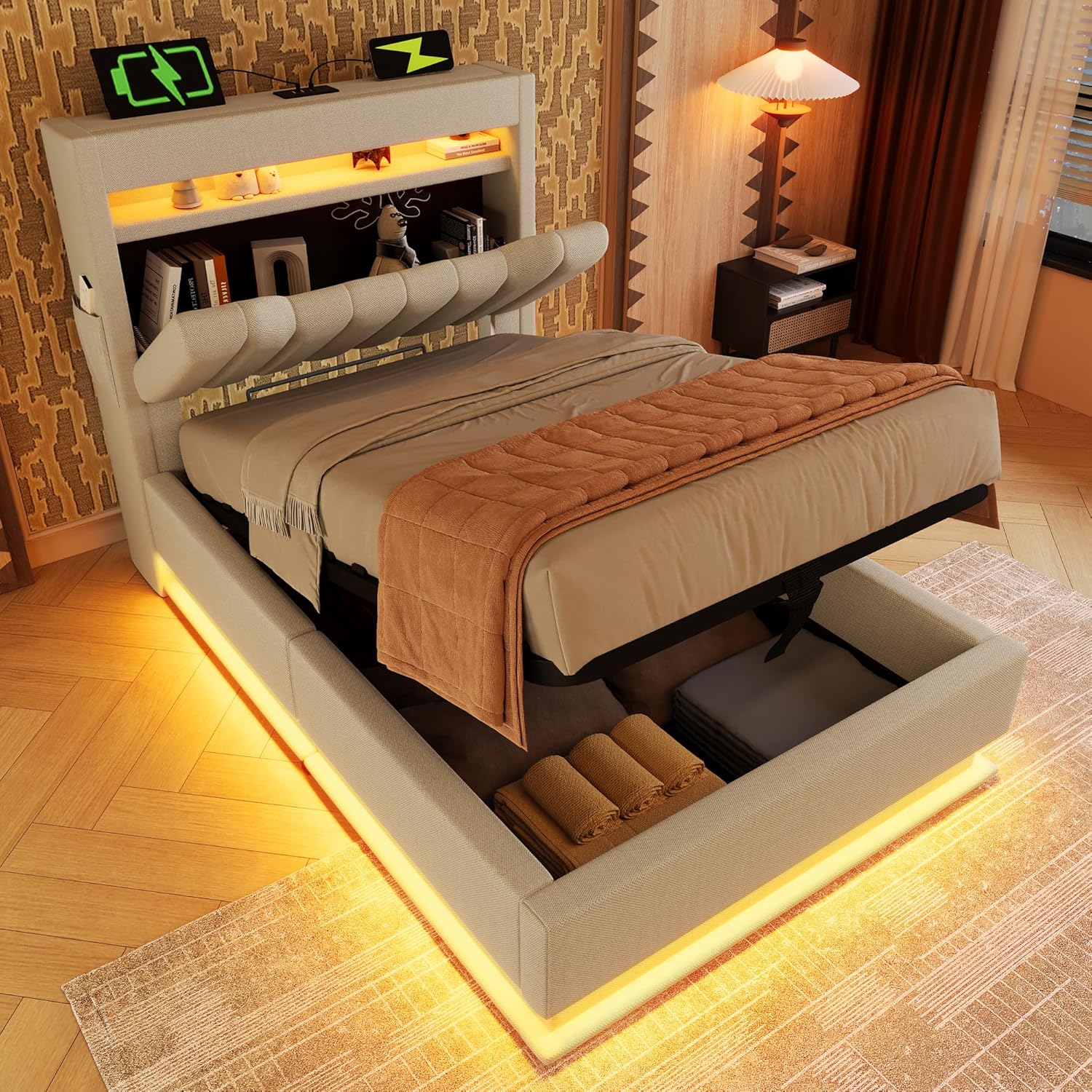Kebnor Polsterbett Doppelbett, Stauraum-Kopfteil, LED-Beleuchtung am Kopf- und Fußende des Bettes, mit Hydraulischem Stauraum, Leinen. (Ohne Matratze) (Beige, 90x200cm)