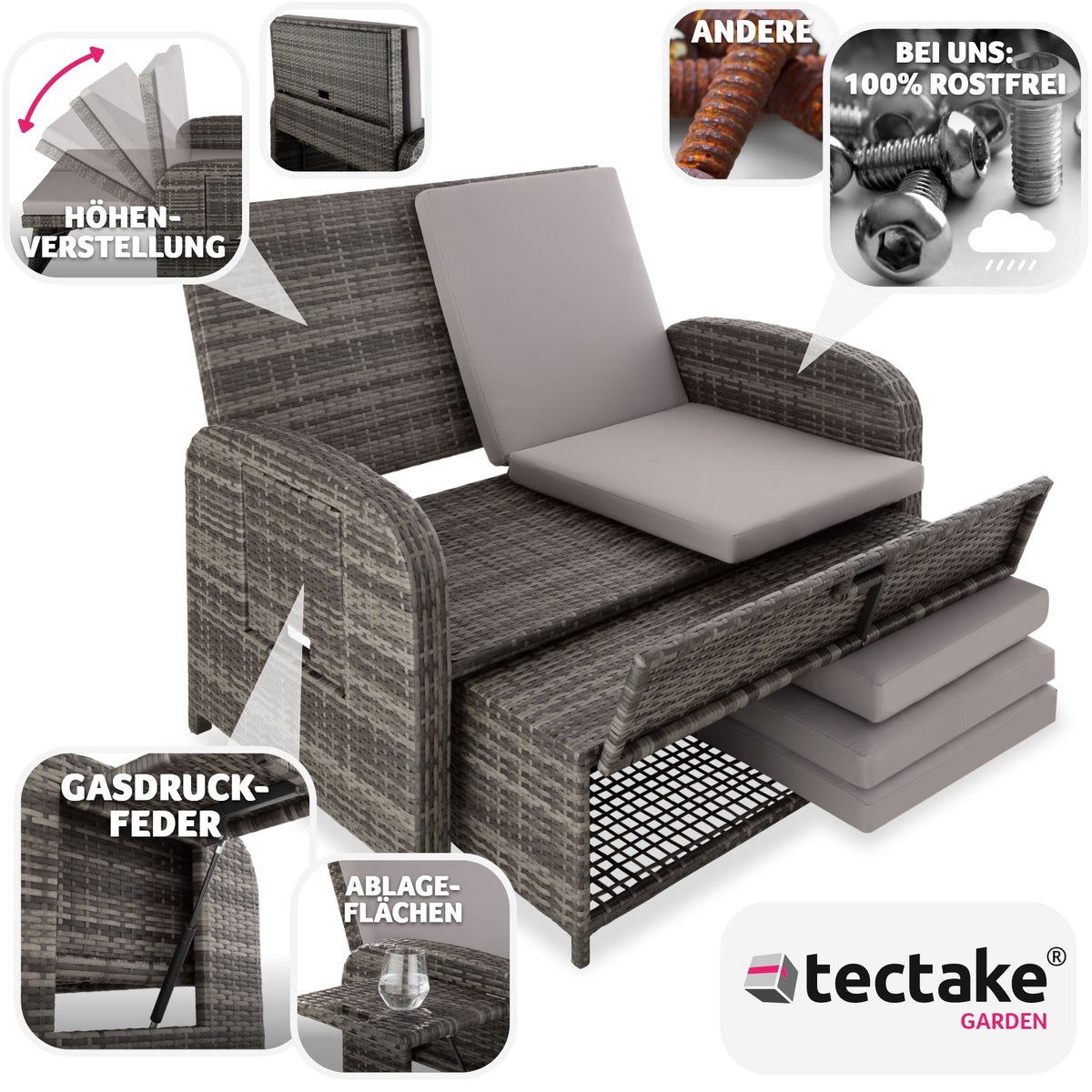 Rotan bank tectake Kreta met aluminium frame, opbergruimte en beschermhoes
