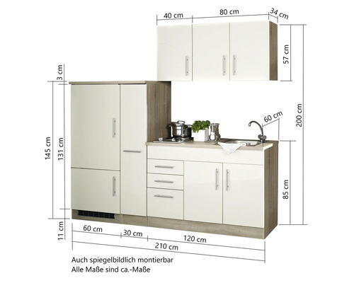 Held Furniture keukenblok met apparatuur Toronto 210 cm crème hoogglans gedemonteerd 783.1.6509