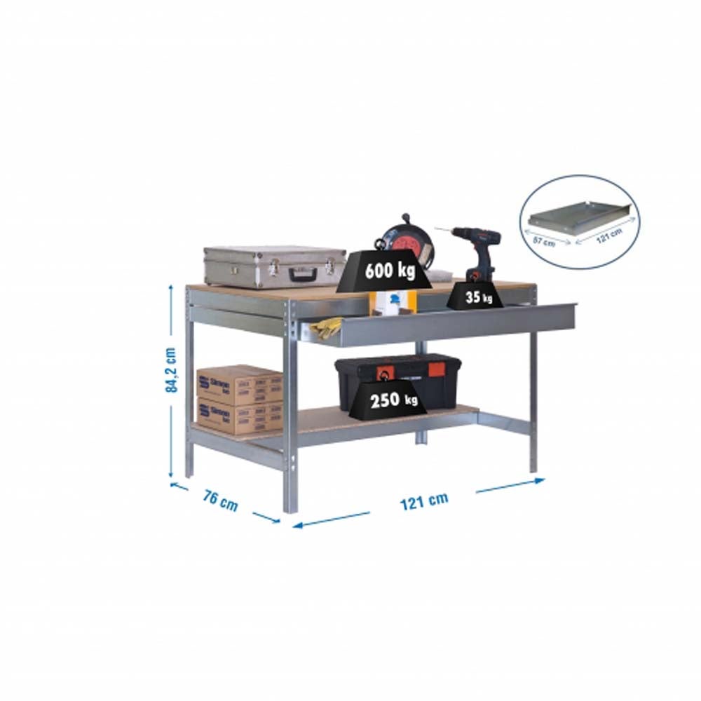PROREGAL Buffalo werkbank met lade, afmetingen (H x B x D): 84 x 120 x 76 cm, draagvermogen: 600 kg, gegalvaniseerd