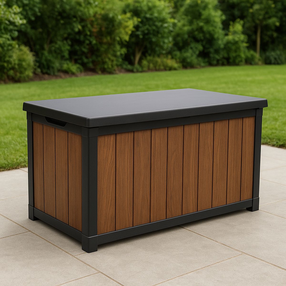 Garten Aufbewahrungsbox Kunststoff Holzoptik, braun/schwarz, 300L, 120