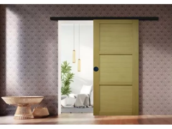 Porte Coulissante Bois Ayous 3 Panneaux H204 X L73 + Rail Alu Bandeau Noir Et 2 Coquilles Noir Gd Menuiseries