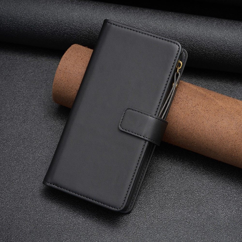 iPhone 15 Pro Max Leder Wallet Etui Tasche mit 9 Kartenfächern   Münzfach - Schwarz