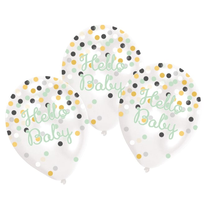 6 Latex Ballons mit Konfetti-Füllung - Hello Baby - Ø ca. 27,5 cm