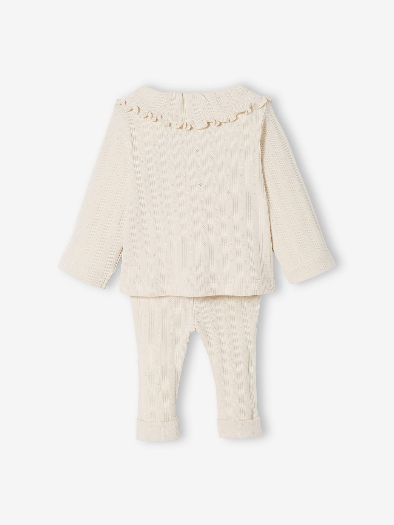 Conjunto de malha vazada composto por camiseta e calça, cor bege claro liso para bebês.