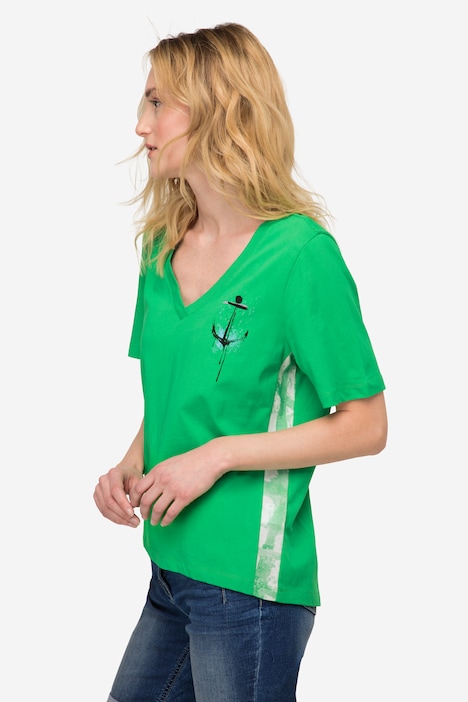 T-Shirt, A-Line, seitliches Karo, V-Ausschnitt, Halbarm