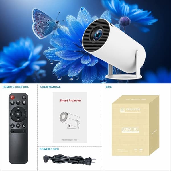 NÖRDIC Mini Portable Projector – 720p HD-støtte, Android 11, WiFi 6, BT 5.0, 180° rotasjon, hjemmekinoprojektor