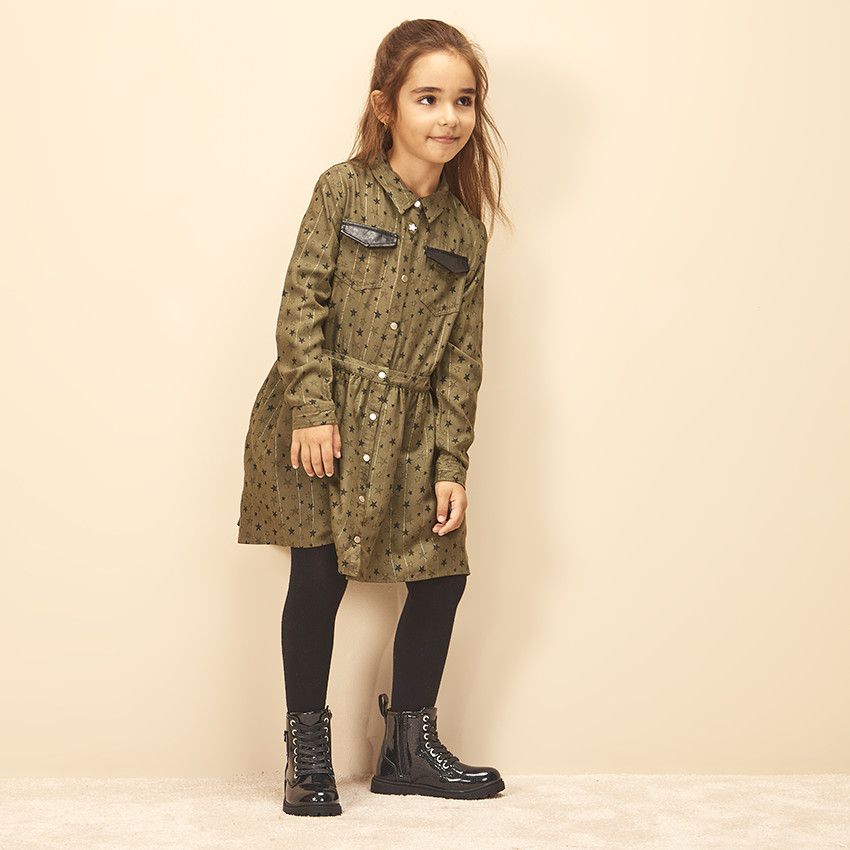 Robe manches longues imprimé étoiles pour fille - Kaki
