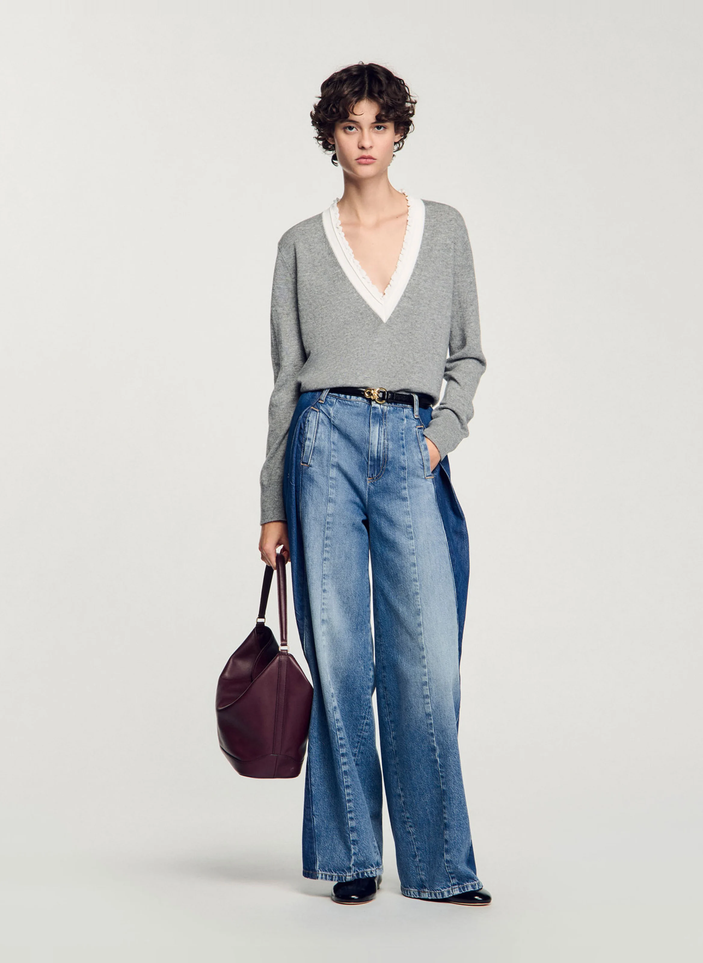 Pull ample col V en laine mélangée | Gris