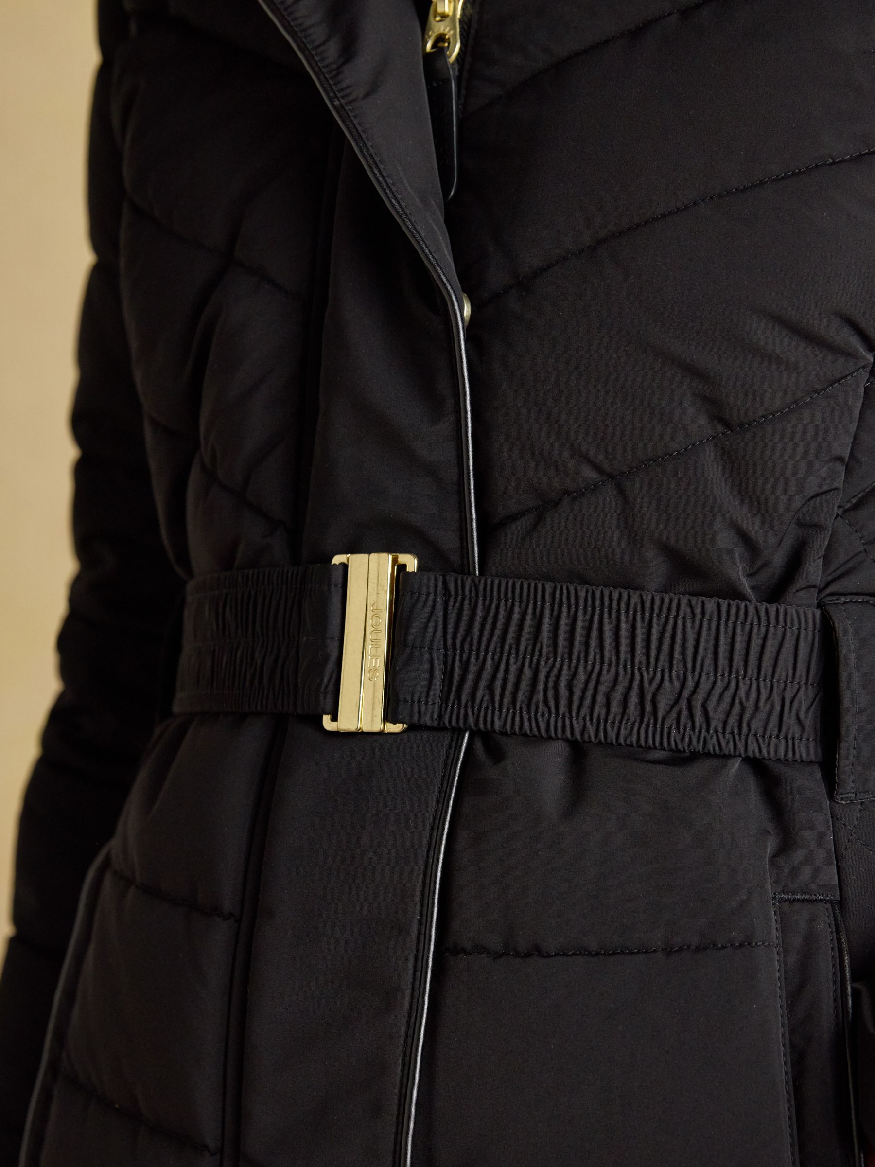 Zwart - Joules Aspen Showerproof Padded Coat with Faux Fur Hood