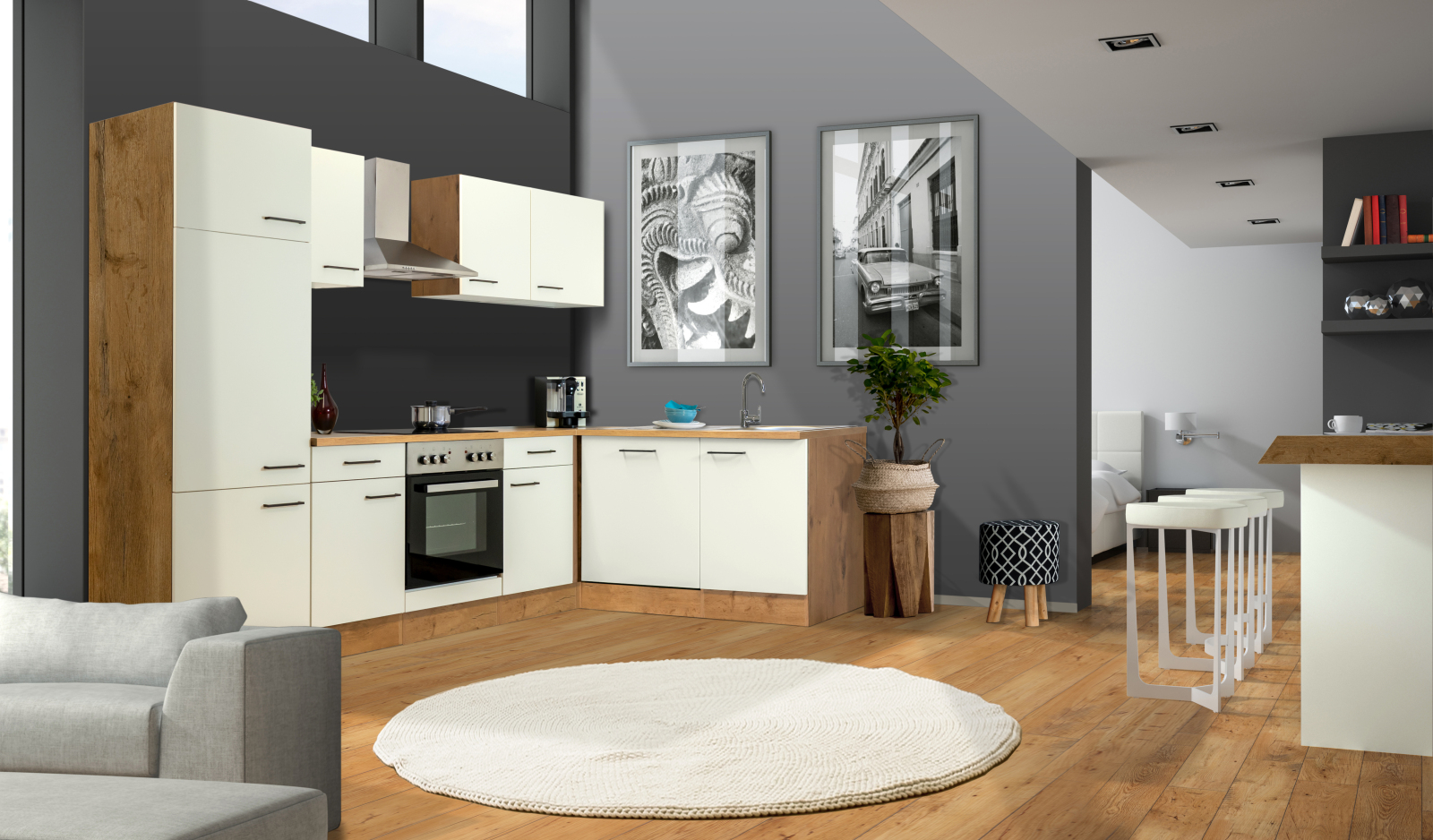Winkelküche VINTEA - Magnolia matt - Lancelot Oak - mit E-Geräten - 280x170 cm