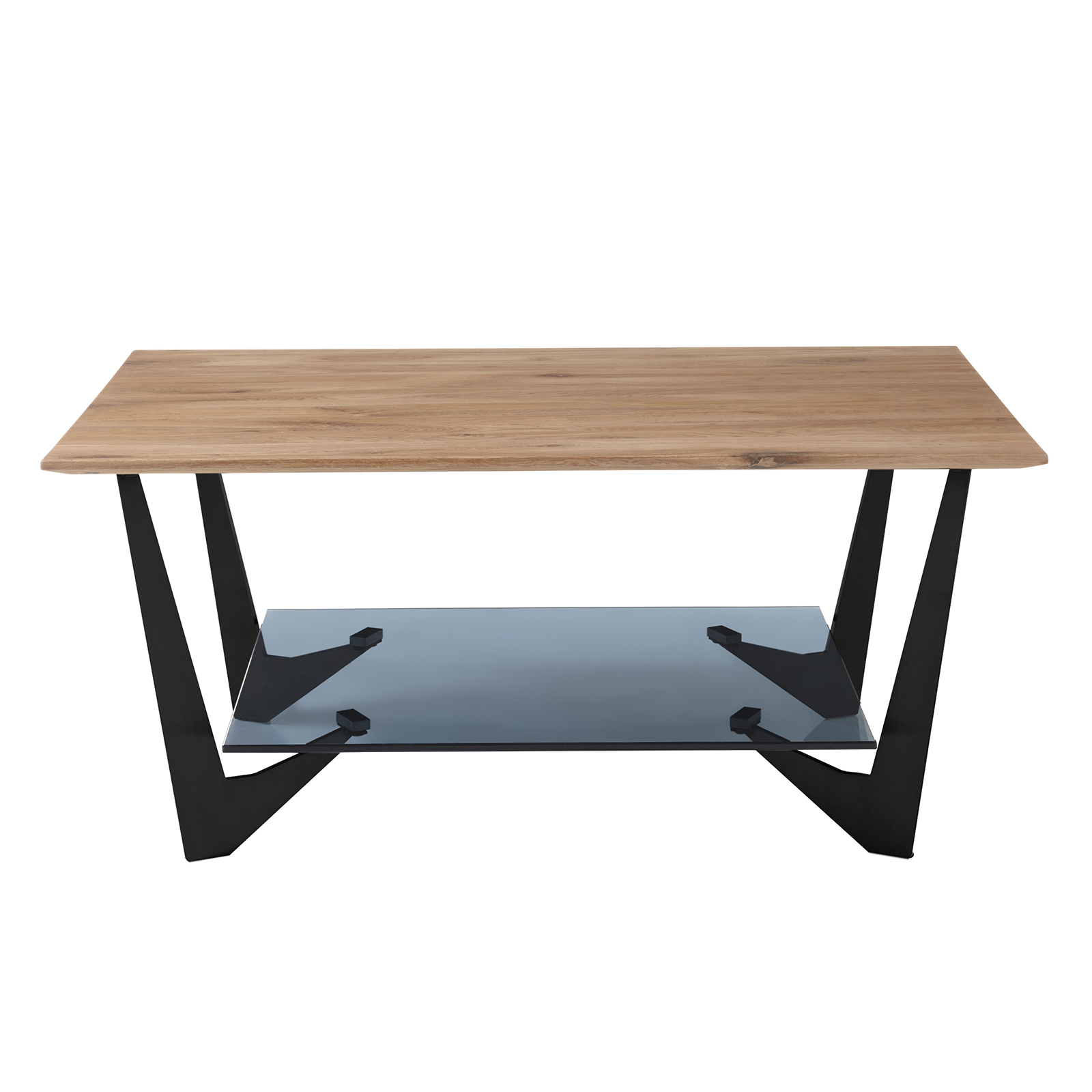 Couchtisch - Eiche massiv-schwarz matt - Glasablage - 90 cm